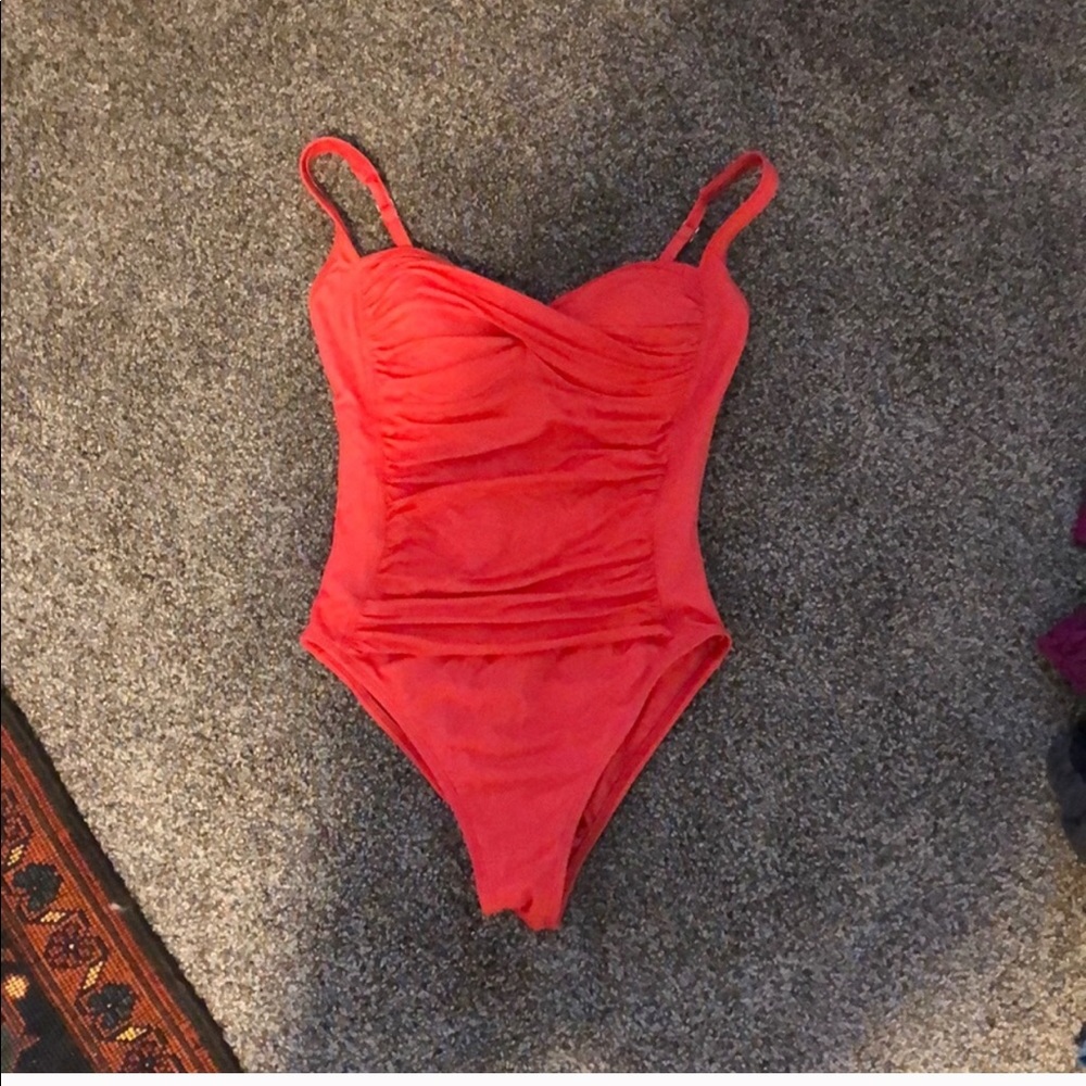 Red high cut one piece swimsuit